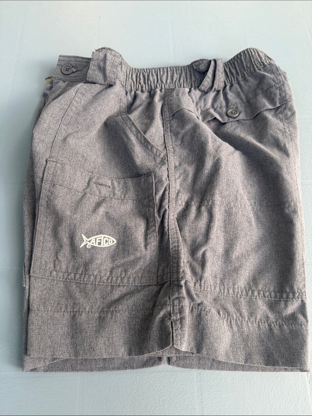 AFTCO Gray Shorts with Blue & Yellow Logo Tag